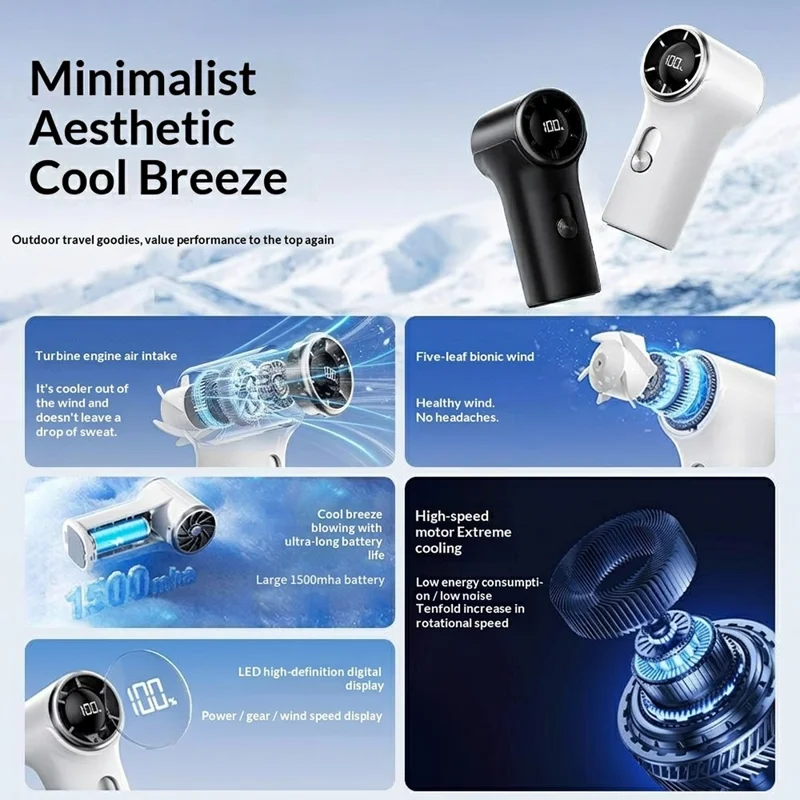 YS-G9 Mini Handheld Fan Built-in 1500mAh Battery Digital Display 100 Speeds Adjustable Clip-on Desktop Fan - White