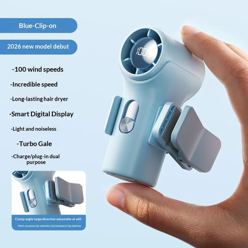 YS-G9 Mini Handheld Fan Built-in 3000mAh Battery Digital Display 100 Speeds Adjustable Clip-on Desktop Fan - Blue