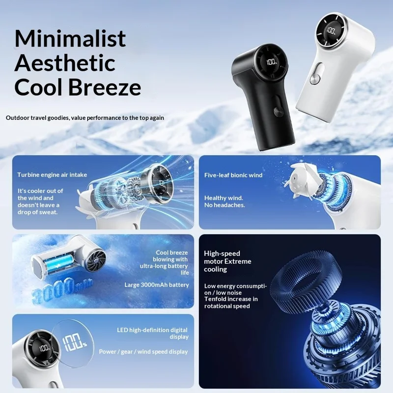 YS-G9 Mini Handheld Fan Built-in 3000mAh Battery Digital Display 100 Speeds Adjustable Clip-on Desktop Fan - Blue