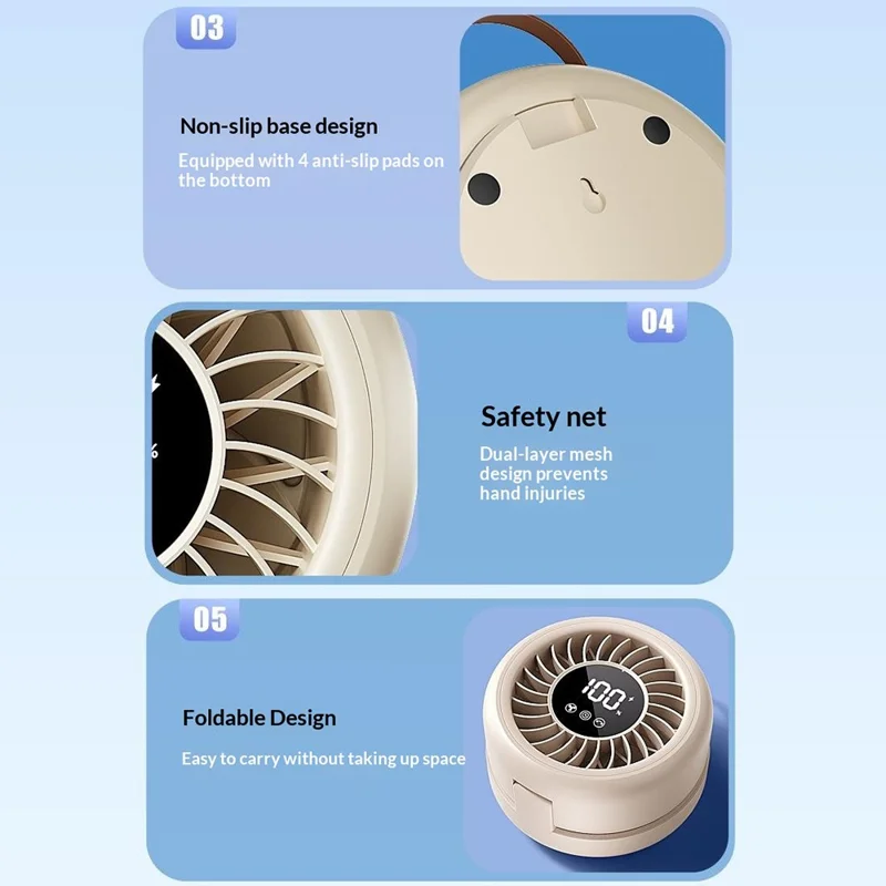 YS-G3 Automatic Oscillating Desk Fan 8 Speeds Adjustable Digital Display Foldable Wall Mount Fan with Remote, Built-in 8000mAh Battery - Khaki