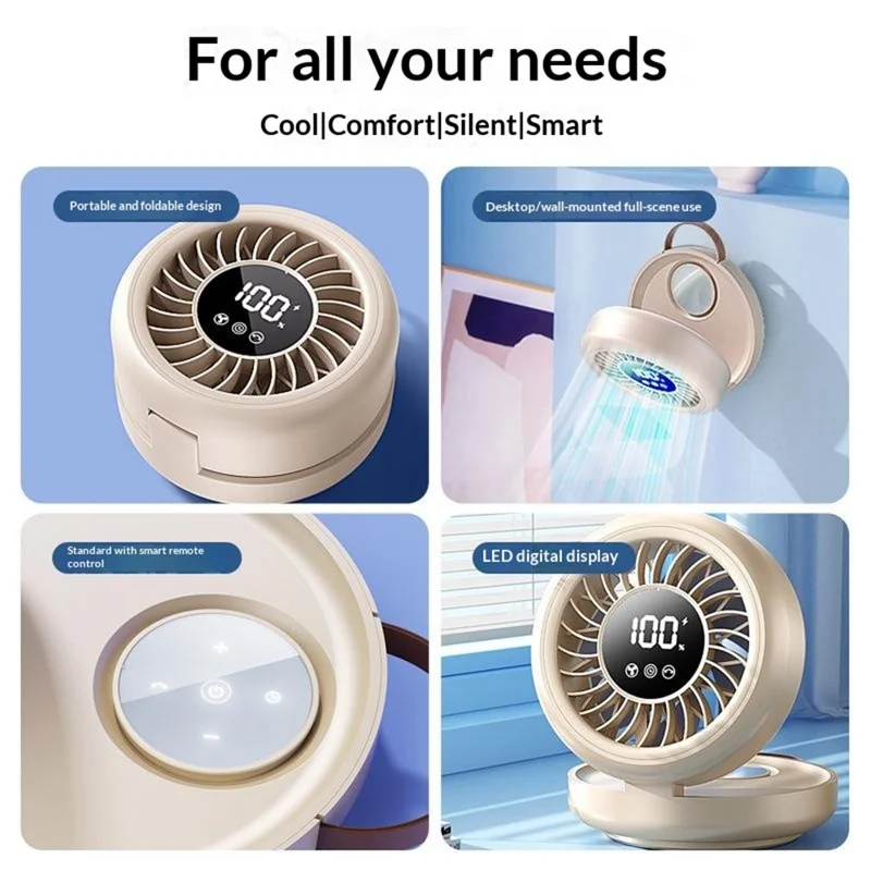 YS-G3 Automatic Oscillating Desk Fan 8 Speeds Adjustable Digital Display Foldable Wall Mount Fan with Remote, Built-in 8000mAh Battery - Khaki