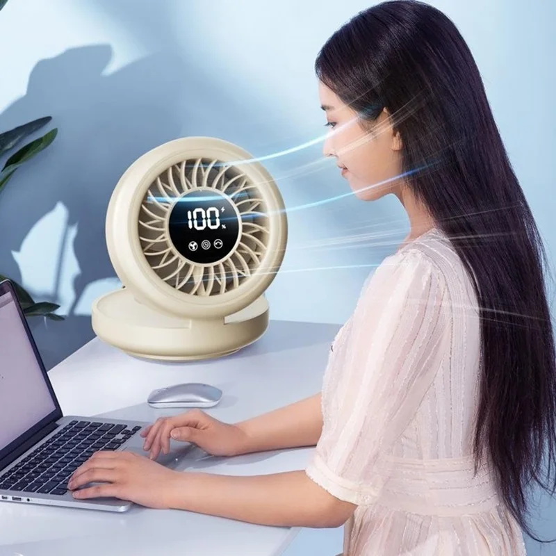 YS-G3 Automatic Oscillating Desk Fan 8 Speeds Adjustable Digital Display Foldable Wall Mount Fan with Remote, Built-in 8000mAh Battery - Khaki