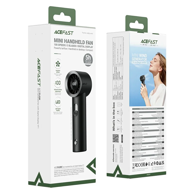ACEFAST YF1 Mini Handheld Fan Digital Display 100 Wind Speed Adjustment USB-C Rechargeable Portable Fan - Black