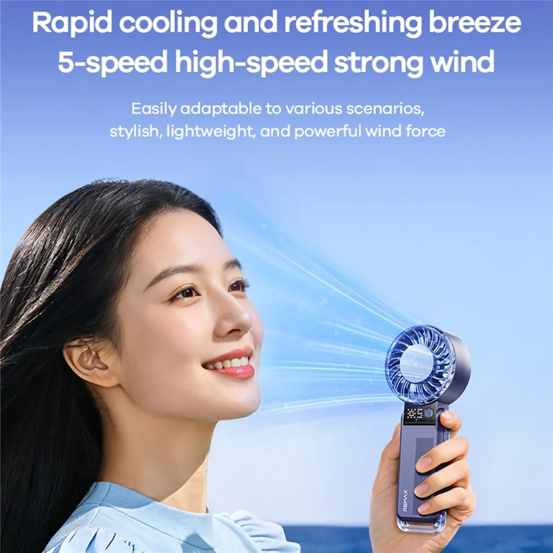 REMAX RS-SF27 Foldable Handheld Fan Semiconductor Cooling Digital Display 5-Speed Desktop Fan - Blue