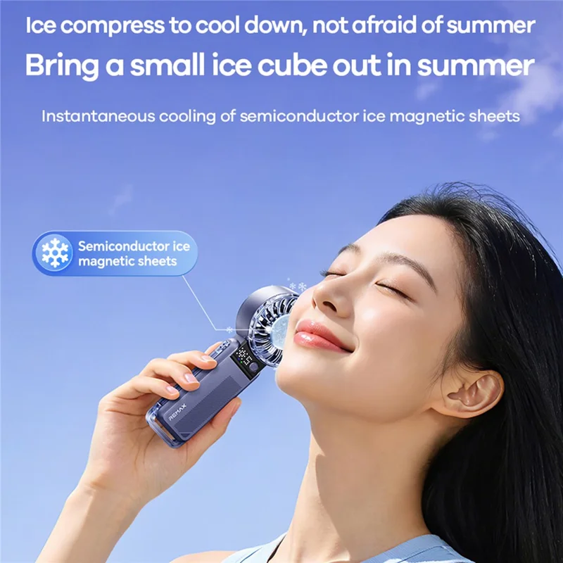 REMAX RS-SF27 Foldable Handheld Fan Semiconductor Cooling Digital Display 5-Speed Desktop Fan - Blue