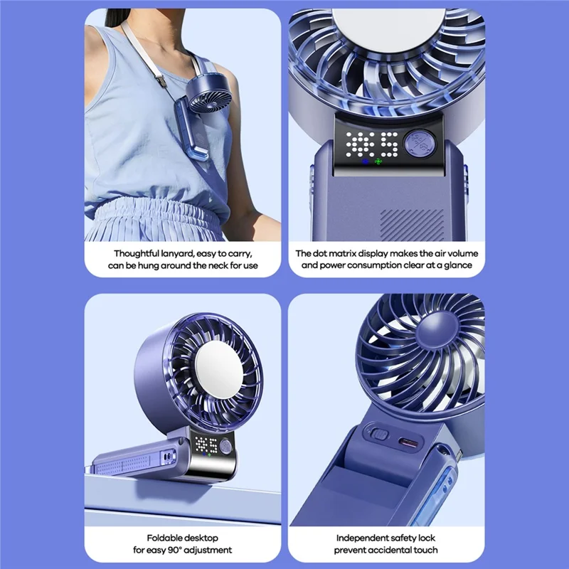 REMAX RS-SF27 Foldable Handheld Fan Semiconductor Cooling Digital Display 5-Speed Desktop Fan - Blue