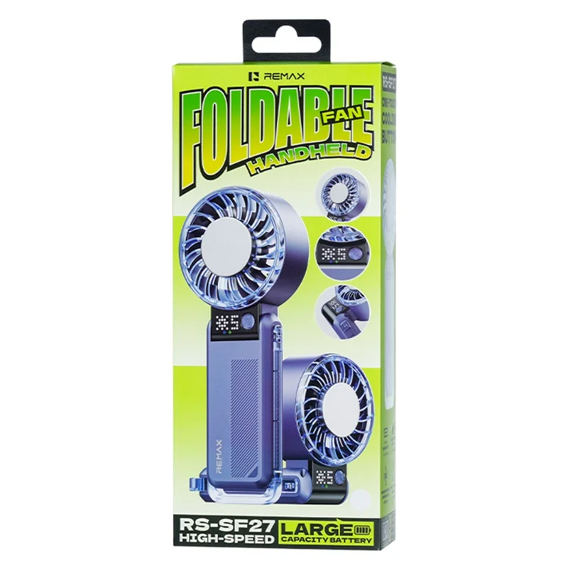REMAX RS-SF27 Foldable Handheld Fan Semiconductor Cooling Digital Display 5-Speed Desktop Fan - Blue