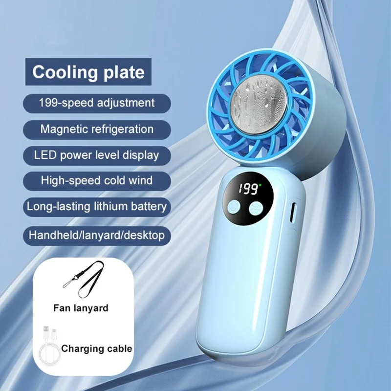 WD-01 Ice Cooling Handheld Fan 199-Speed Portable Semiconductor Cooler Mini Fan with LED Display for Outdoor - Blue