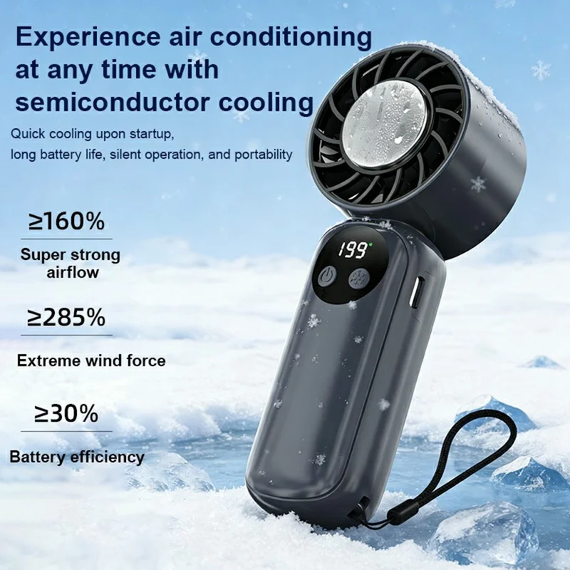 WD-01 Ice Cooling Handheld Fan 199-Speed Portable Semiconductor Cooler Mini Fan with LED Display for Outdoor - Blue