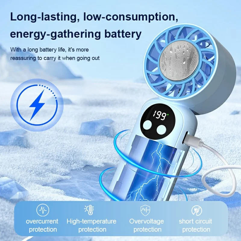 WD-01 Ice Cooling Handheld Fan 199-Speed Portable Semiconductor Cooler Mini Fan with LED Display for Outdoor - Blue
