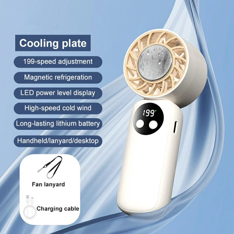 WD-01 Ice Cooling Handheld Fan 199-Speed Portable Semiconductor Cooler Mini Fan with LED Display for Outdoor - Beige