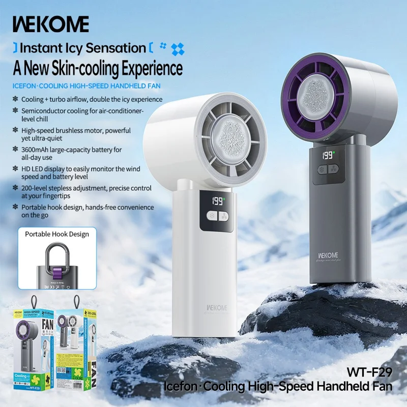 WEKOME WT-F29 Ventaglio Portatile Regolabile a 200 Velocità con Display LED, Ventaglio con Raffreddamento a Semiconduttore e Gancio Appendibile - Grigio