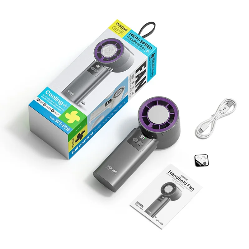 WEKOME WT-F29 Ventaglio Portatile Regolabile a 200 Velocità con Display LED, Ventaglio con Raffreddamento a Semiconduttore e Gancio Appendibile - Grigio