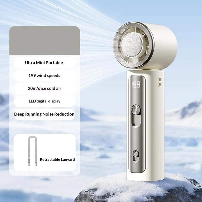 Y33 Mini Ventilateur Portable 199 Vitesses 18h d'Autonomie Affichage Numérique LED Ventilateur de Refroidissement à Glace TEC Supraconducteur pour l'Extérieur - Blanc
