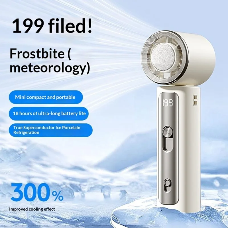 Y33 Mini Ventilateur Portable 199 Vitesses 18h d'Autonomie Affichage Numérique LED Ventilateur de Refroidissement à Glace TEC Supraconducteur pour l'Extérieur - Blanc