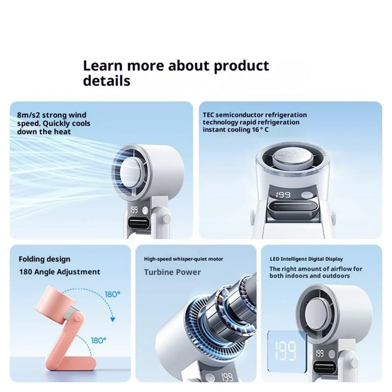 Y38 Ventilador Portátil Dobrável 3000mAh Arrefecimento por Semicondutor Gelo 199-Velocidades com Ecrã Digital LED Ventilador Mini para Exterior - Branco