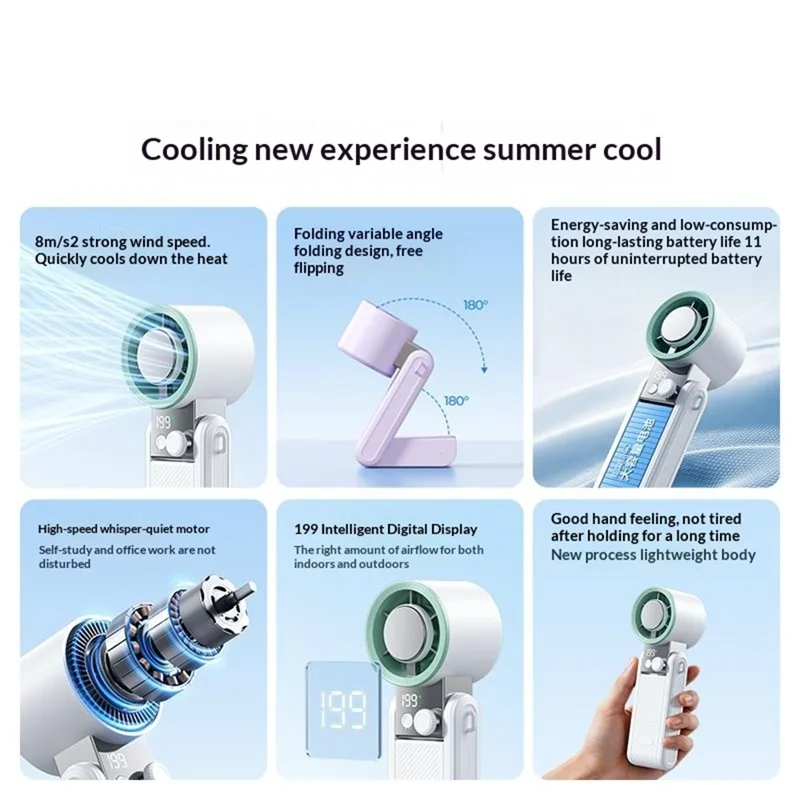 Y39 Folding Handheld Cooling Fan 3000mAh TEC Semiconductor Ice 199-Speed Levels Mini Fan for Outdoor Indoor - White