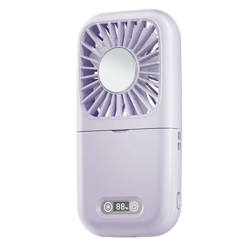 Handheld Portable Cooling Fan LED Light 100-Speed Semiconductor USB Rechargeable Mini Neck Fan with Makeup Mirror - Purple
