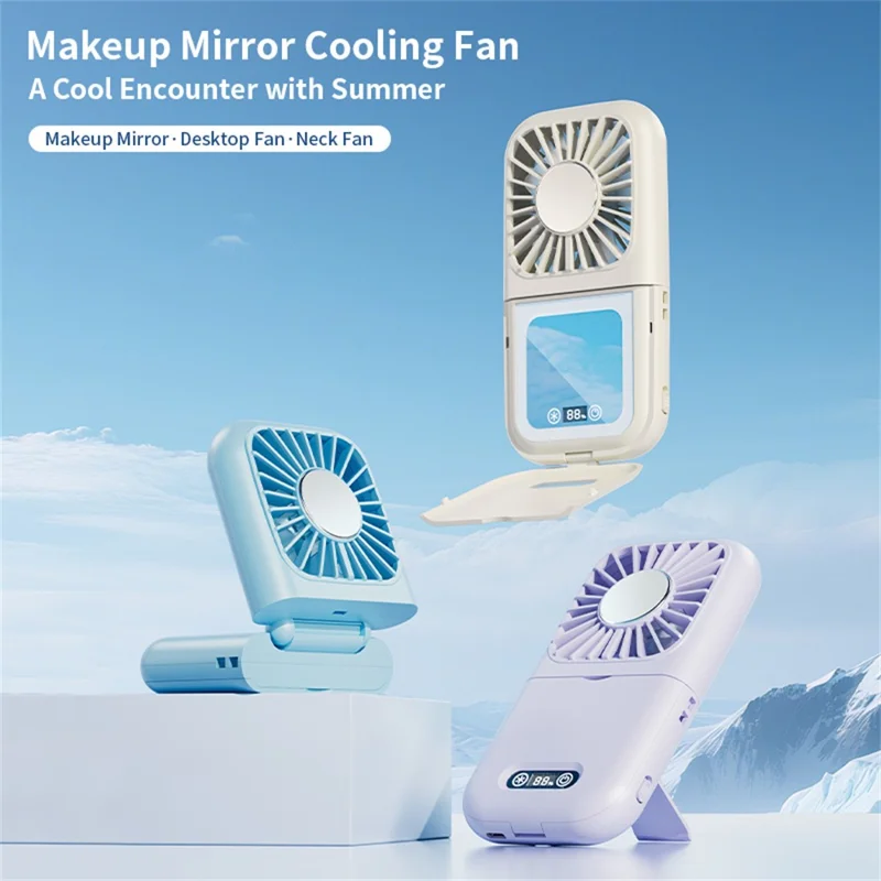 Handheld Portable Cooling Fan LED Light 100-Speed Semiconductor USB Rechargeable Mini Neck Fan with Makeup Mirror - Purple
