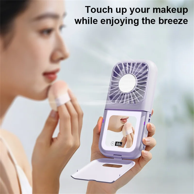 Handheld Portable Cooling Fan LED Light 100-Speed Semiconductor USB Rechargeable Mini Neck Fan with Makeup Mirror - Purple