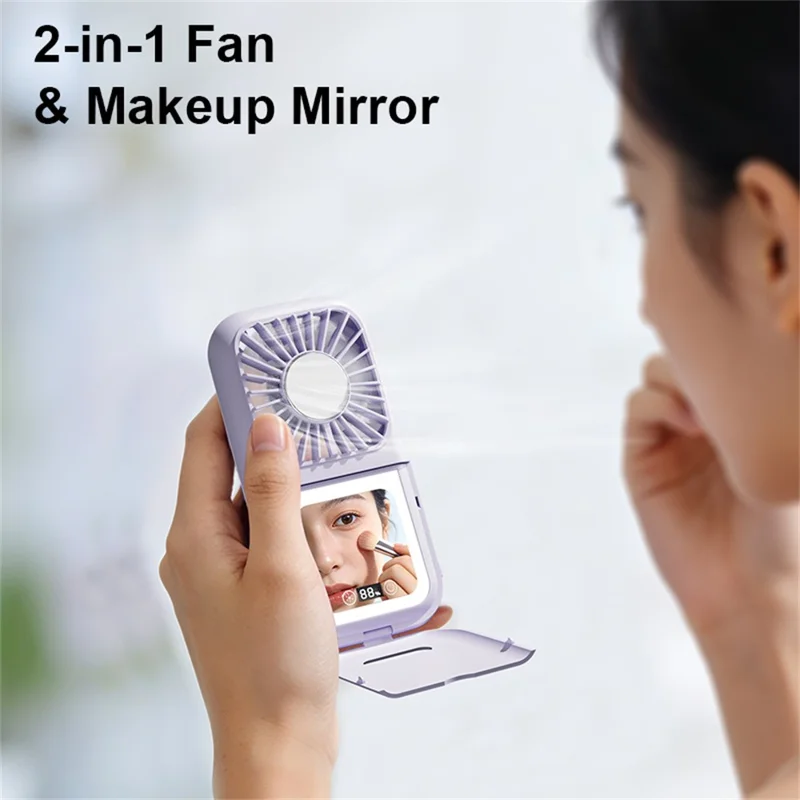 Handheld Portable Cooling Fan LED Light 100-Speed Semiconductor USB Rechargeable Mini Neck Fan with Makeup Mirror - Purple