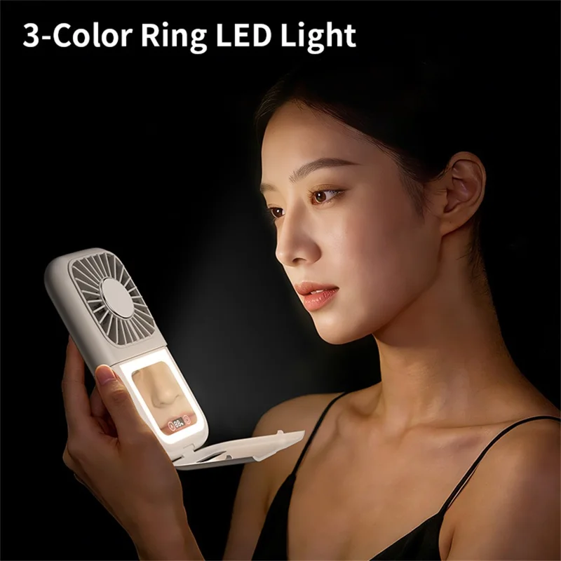 Handheld Portable Cooling Fan LED Light 100-Speed Semiconductor USB Rechargeable Mini Neck Fan with Makeup Mirror - Purple