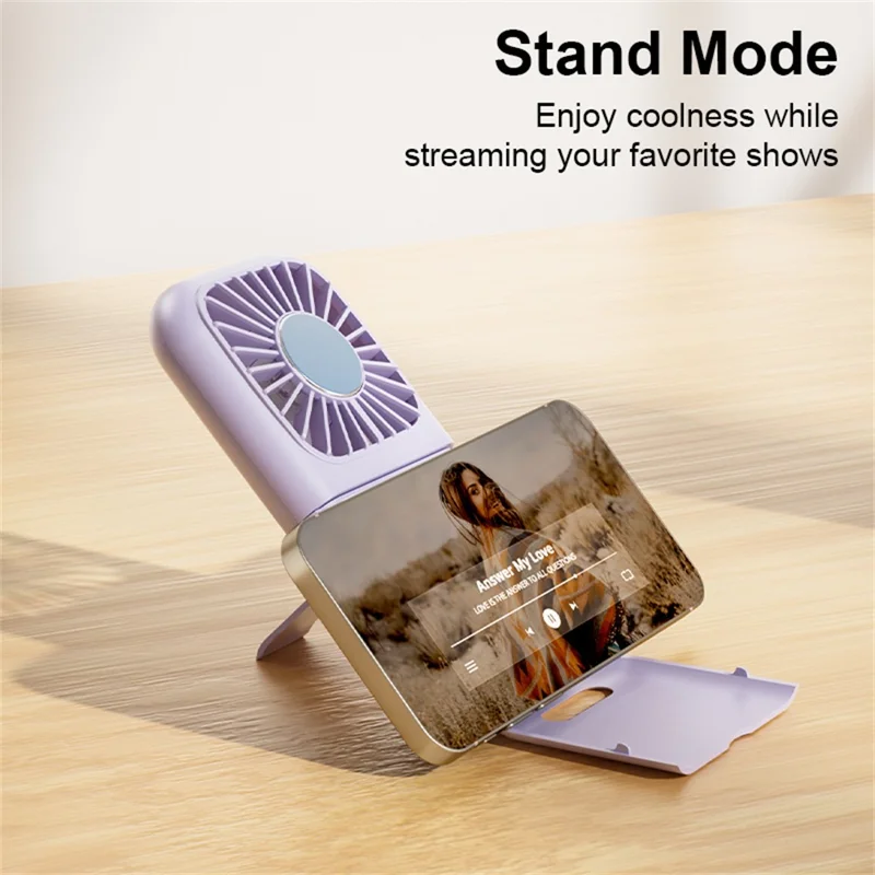Handheld Portable Cooling Fan LED Light 100-Speed Semiconductor USB Rechargeable Mini Neck Fan with Makeup Mirror - Purple