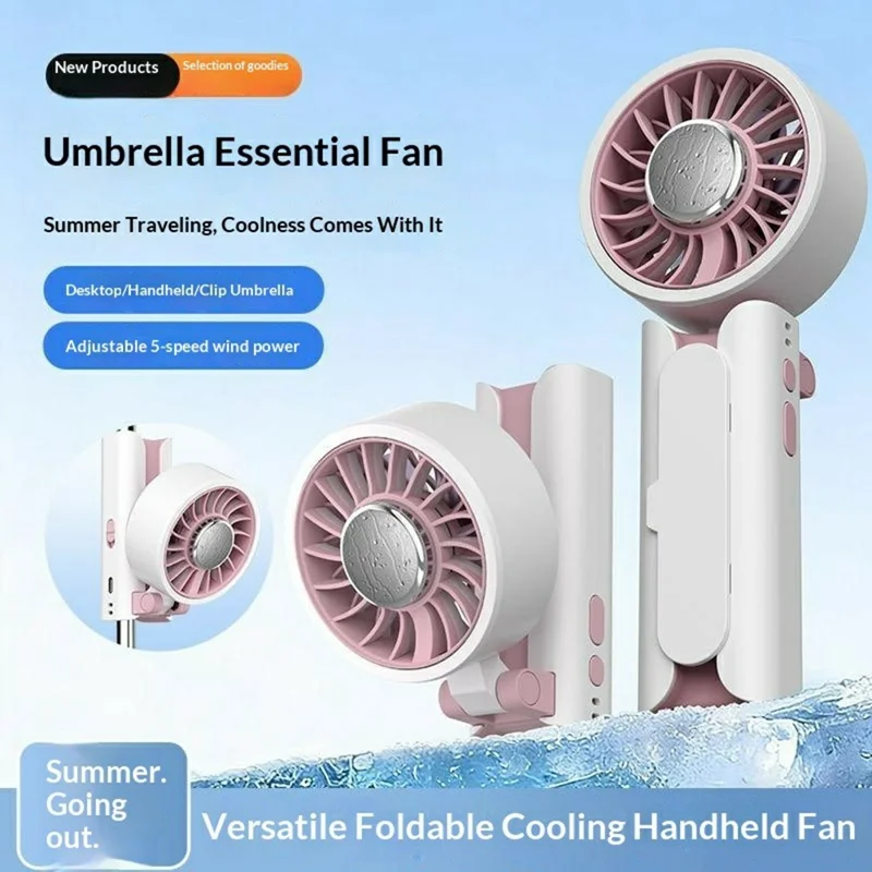 Mini Folding Fan Ice Cooling 5-Speed Handheld Portable Desktop Umbrella Clip Fan for Summer - White / Pink