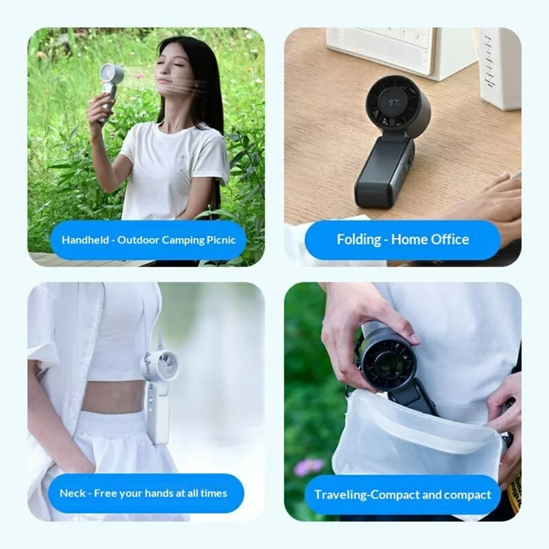 RD25 Foldable High Speed Fan 3000mAh Portable Handheld Desktop Neck Hanging Turbo Cooling Mini Fan for Office Outdoor - White