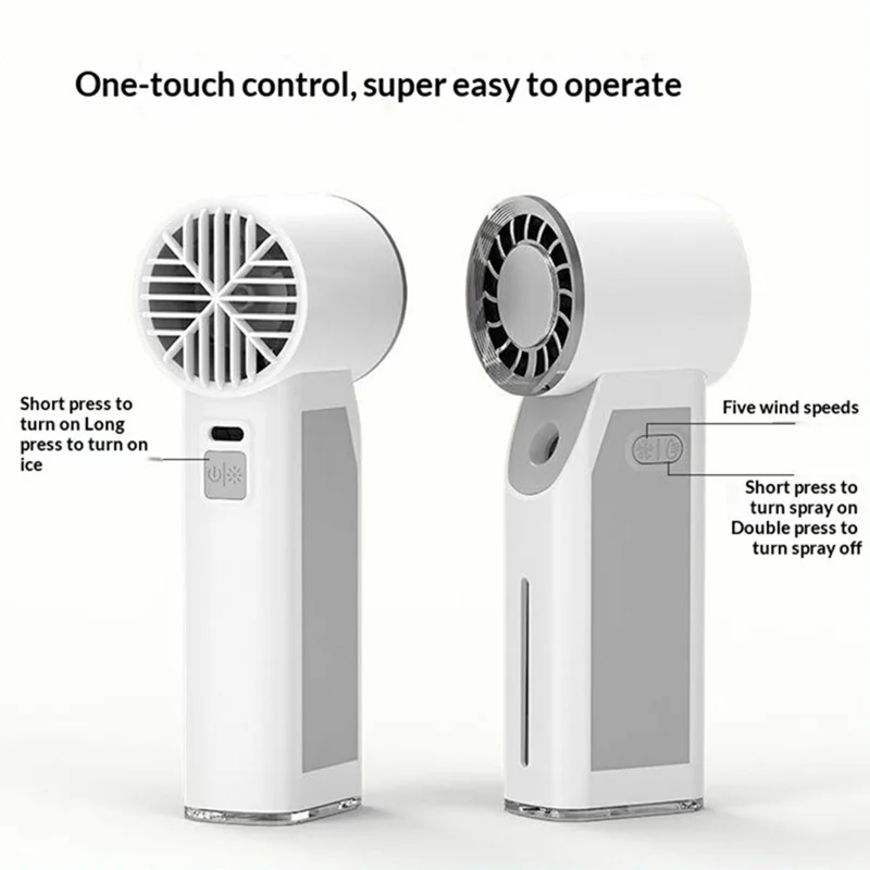 Handheld Ice Mist Fan 5-Wind Speeds 1800mAh Night Light Spray Mini Fan for Outdoor Cooling - White