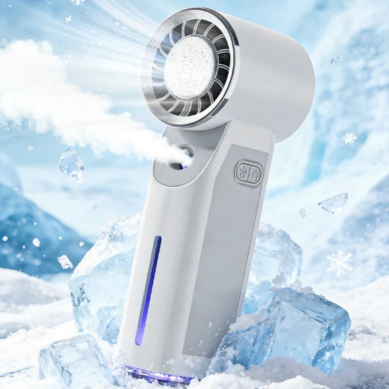 Handheld Ice Mist Fan 5-Wind Speeds 1800mAh Night Light Spray Mini Fan for Outdoor Cooling - White