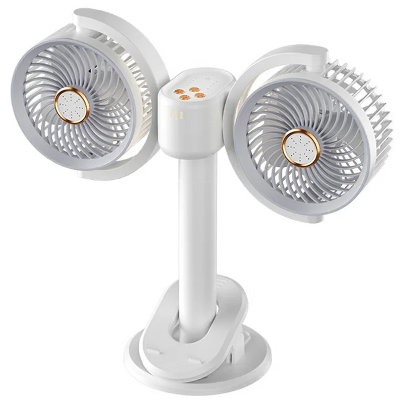 Dual Head Desktop Fan Clip Wall Mount Stand 4-Speed LED Light Aromatherapy Timer USB-C Charging Clamp Fan - White