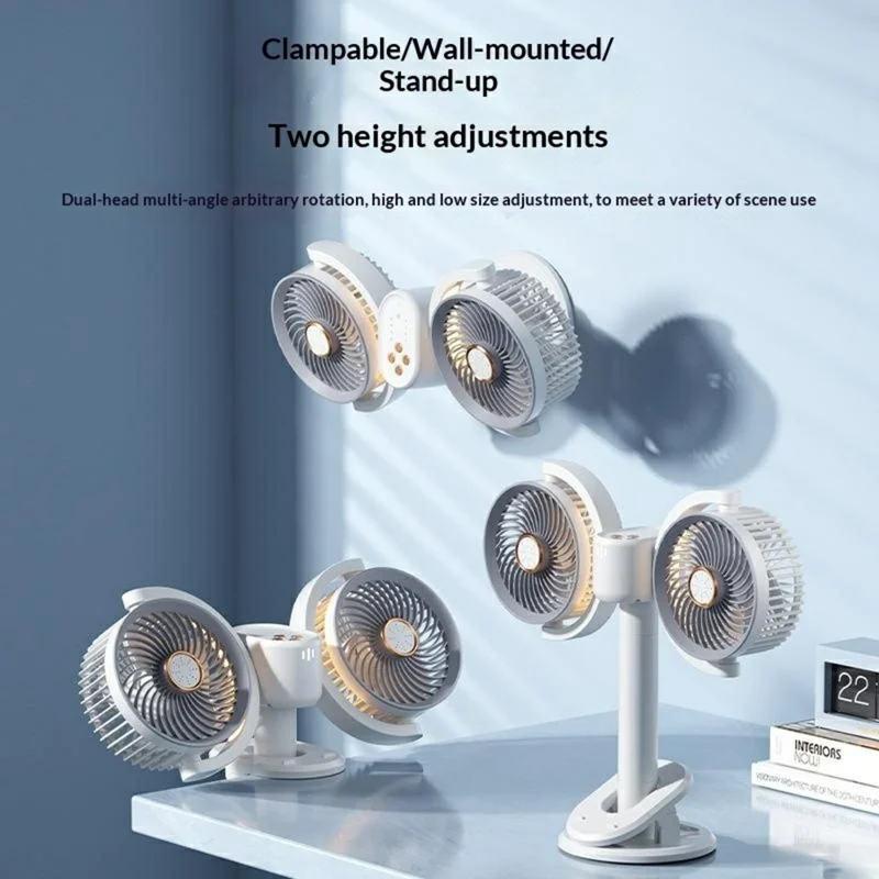 Dual Head Desktop Fan Clip Wall Mount Stand 4-Speed LED Light Aromatherapy Timer USB-C Charging Clamp Fan - White