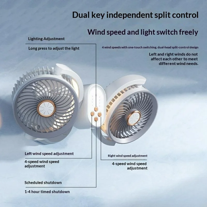 Dual Head Desktop Fan Clip Wall Mount Stand 4-Speed LED Light Aromatherapy Timer USB-C Charging Clamp Fan - White