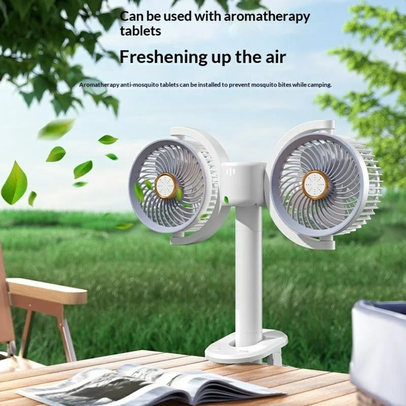 Dual Head Desktop Fan Clip Wall Mount Stand 4-Speed LED Light Aromatherapy Timer USB-C Charging Clamp Fan - White