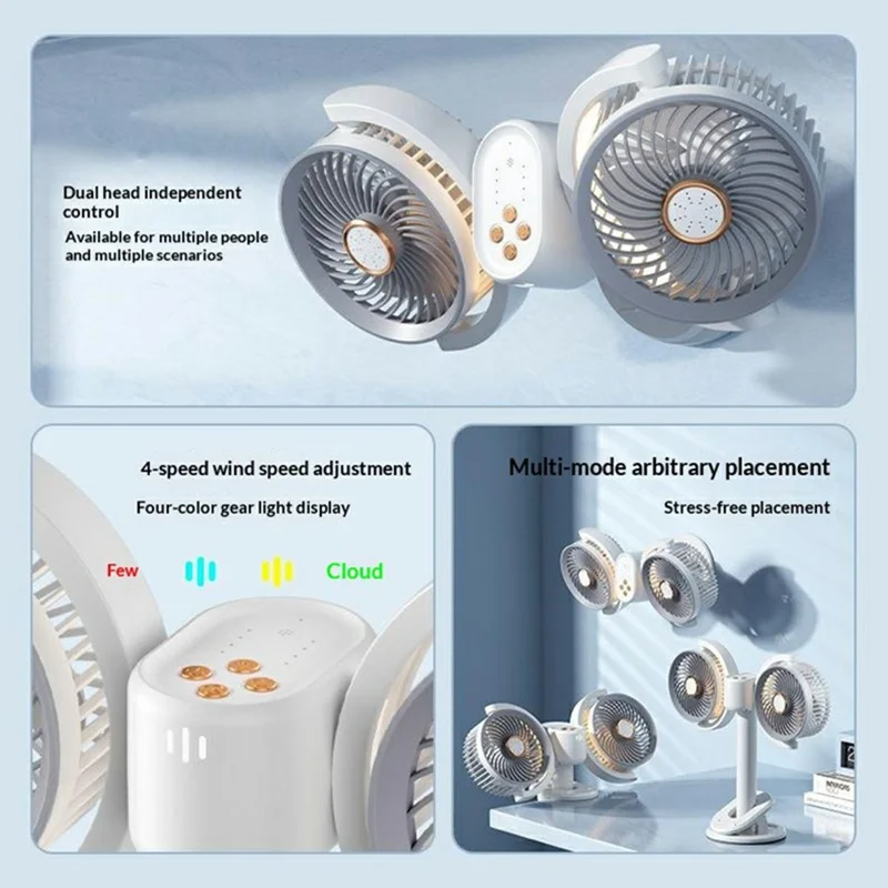 Dual Head Desktop Fan Clip Wall Mount Stand 4-Speed LED Light Aromatherapy Timer USB-C Charging Clamp Fan - White