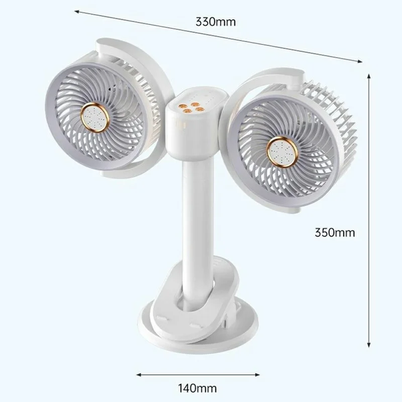 Dual Head Desktop Fan Clip Wall Mount Stand 4-Speed LED Light Aromatherapy Timer USB-C Charging Clamp Fan - White