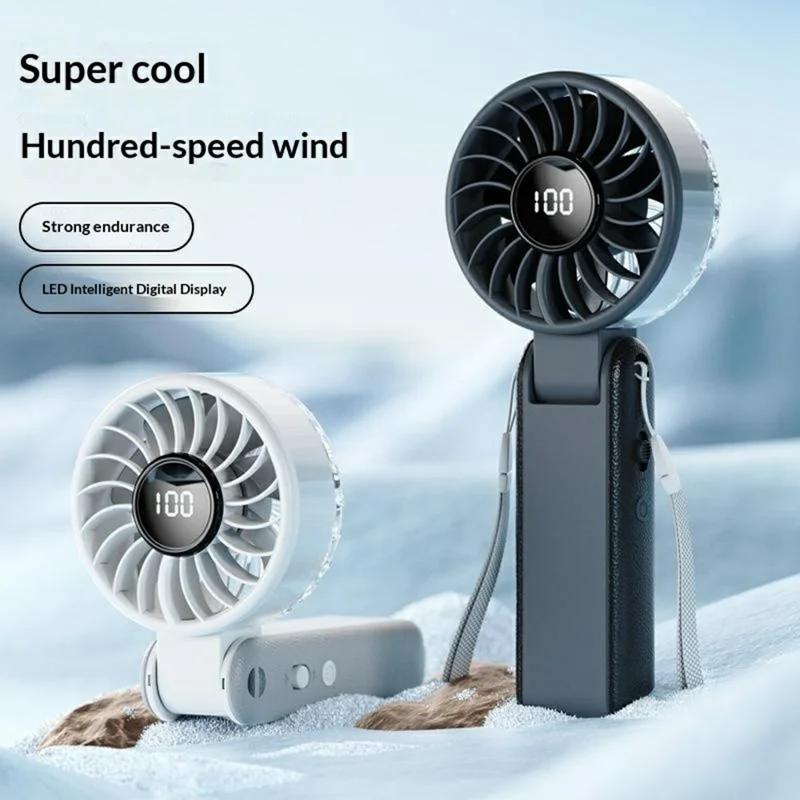 RD26 Folding Fan 100-Speed Adjustable 3000mAh Handheld Desktop Neck Hanging Mini Fan with LED Display - White