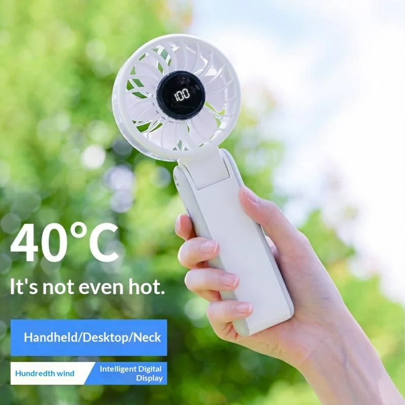 RD26 Folding Fan 100-Speed Adjustable 3000mAh Handheld Desktop Neck Hanging Mini Fan with LED Display - White