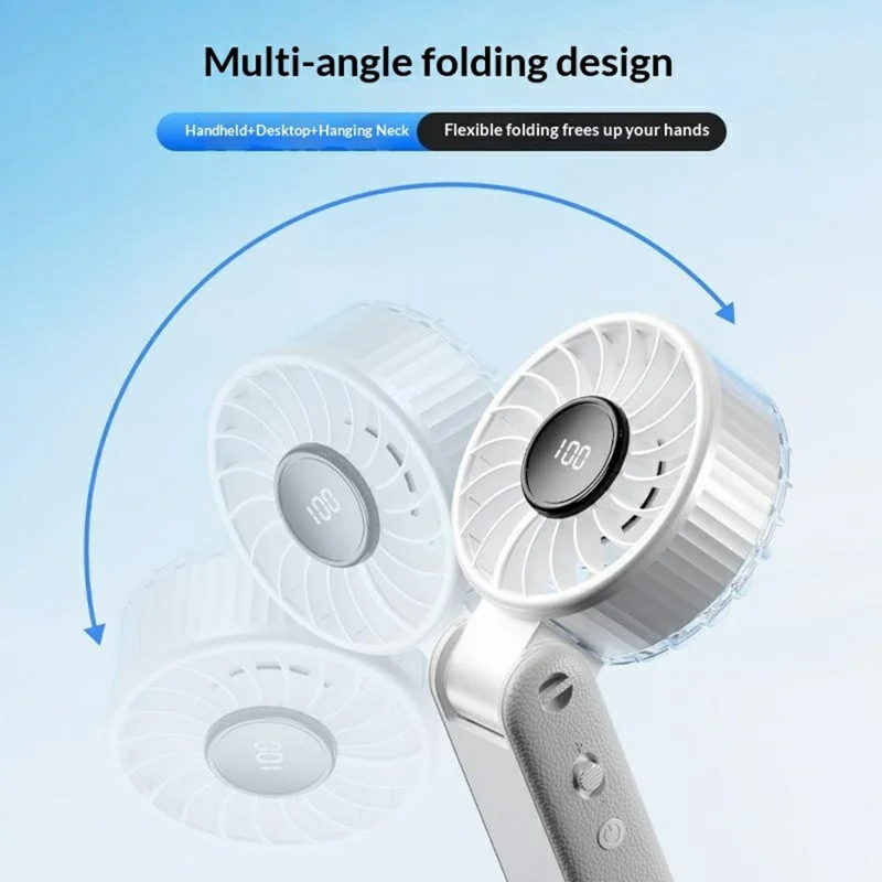 RD26 Folding Fan 100-Speed Adjustable 3000mAh Handheld Desktop Neck Hanging Mini Fan with LED Display - White