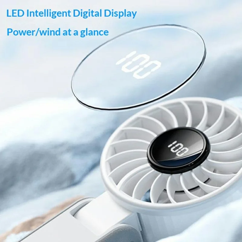 RD26 Folding Fan 100-Speed Adjustable 3000mAh Handheld Desktop Neck Hanging Mini Fan with LED Display - White