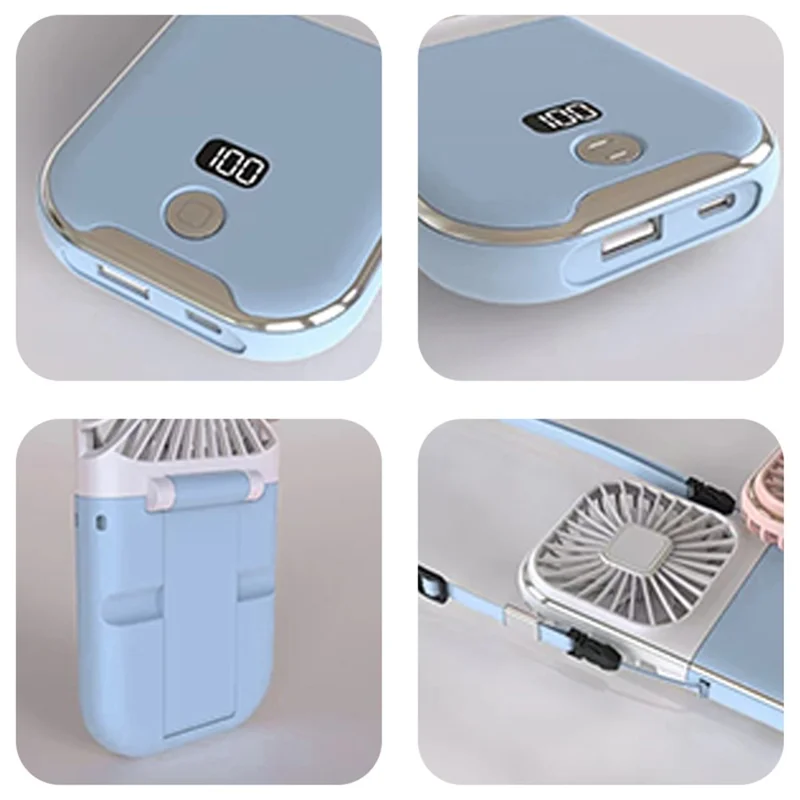 F30 Pro Digital Display Folding Fan Power Bank Function 4 Speeds Cooling Fan with Neck Lanyard - Black+White