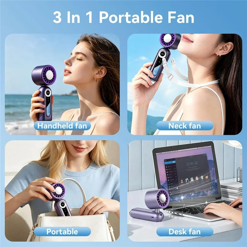 Ventilatore di raffreddamento portatile 3-in-1 JF163, 4000 mAh, ricaricabile via USB-C, da tavolo, portatile, da indossare al collo - Grigio