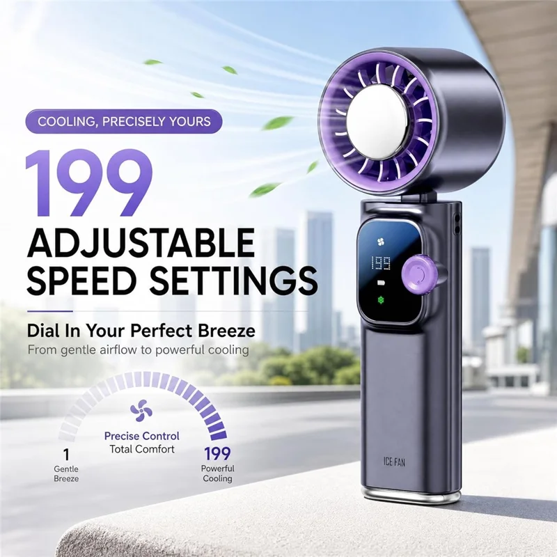 JF166 Handheld Neck TEC Cooling Fan 199-Speed Levels 4000mAh Foldable Portable USB-C Rechargeable Desktop Fan - Grey