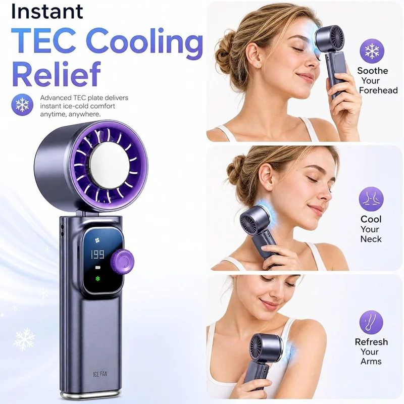 JF166 Handheld Neck TEC Cooling Fan 199-Speed Levels 4000mAh Foldable Portable USB-C Rechargeable Desktop Fan - Grey
