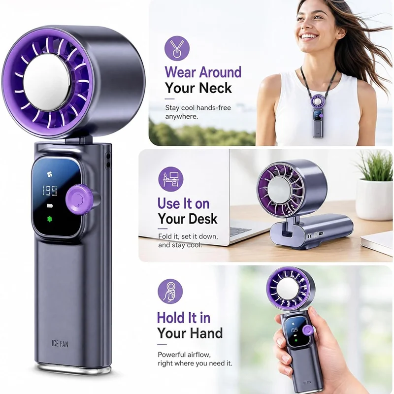 JF166 Handheld Neck TEC Cooling Fan 199-Speed Levels 4000mAh Foldable Portable USB-C Rechargeable Desktop Fan - Grey