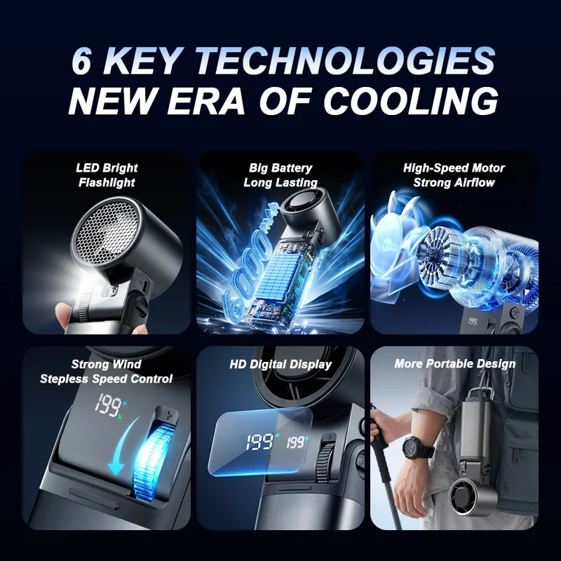 JF181 Handheld Portable Fan 6000mAh Type-C Rechargeable USB Semiconductor Cooling Fan with LED Light