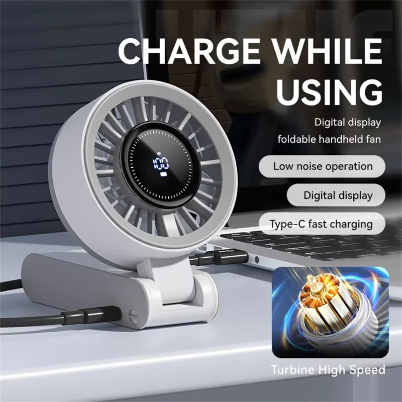 Ventaglio digitale JF133 con display motore a turbina ricaricabile USB portatile pieghevole da tavolo da collo - Bianco