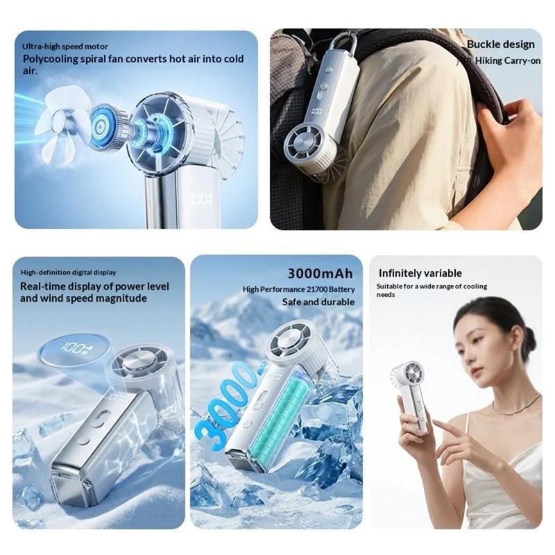 Y63 Handheld Mini Fan Ice Compress Cooling 3000mAh USB-C HD Display Portable Fan for Outdoor Hiking - Grey