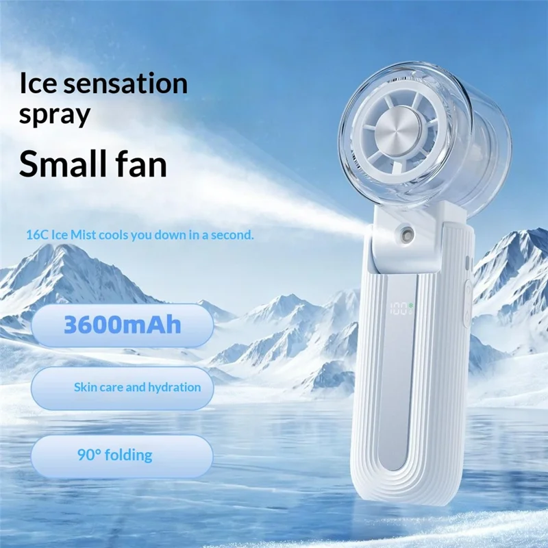 Y70 Foldable Ice Spray Fan 16°C Cooling Mist 3600mAh Portable Handheld Neck Desktop Fan for Summer Outdoor - White